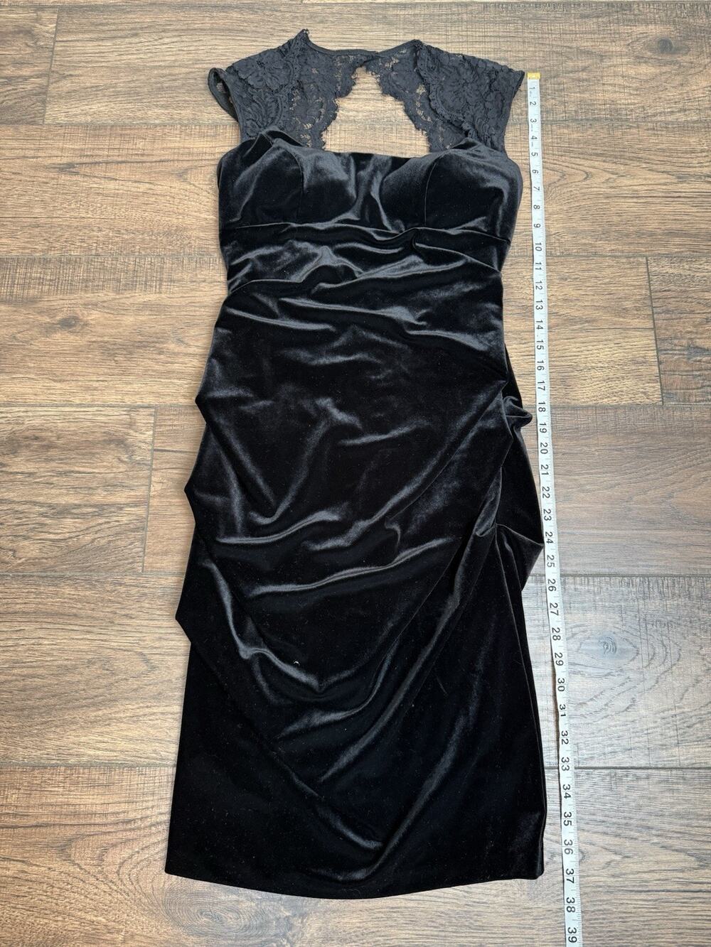 Cache USA MADE Velvet Ruched Bodycon Keyhole Back Cap Lace Dress Vtg 90s y2k 6